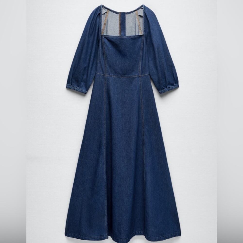 ZARA Casual Style A-line Denim Street Style Cotton Midi Dress size XS pockets